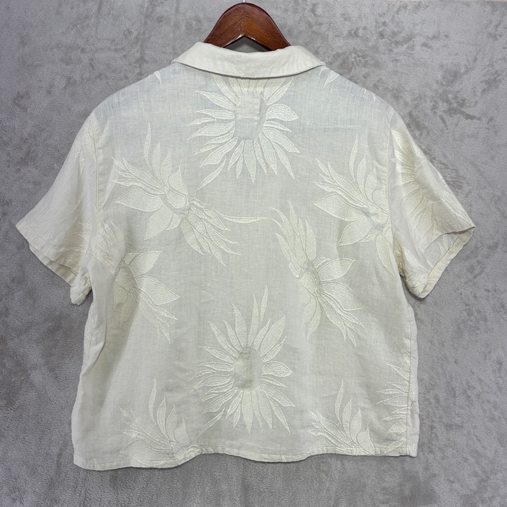 Joie Cream Floral Embroidered Short-Sleeve Button-Down Linen Blouse Size L - Picture 5 of 6